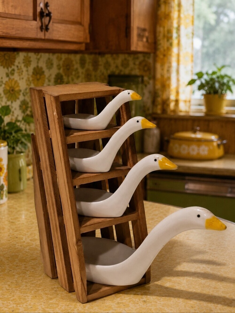 1980's Avon Goose Measuring Spoons Wooden Crate Display